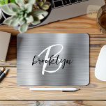 Silver Brushed Metal Black White Script Monogram  Mouse Pad<br><div class="desc">This elegant personalised mouse pad features a monogram and first name in modern black and white script on a glam silver brushed metal background.</div>