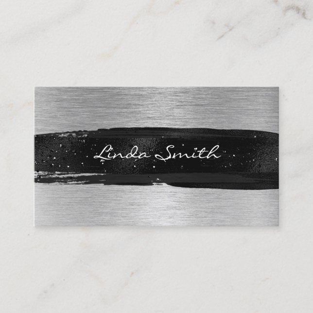 Silver Brushed Metal Foil Black Brush Stroke Business Card (Front)