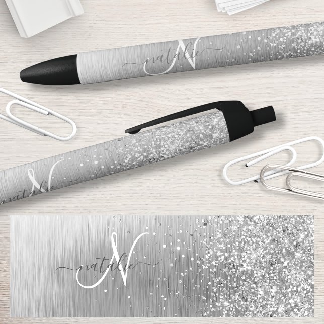 Silver Brushed Metal Glitter Monogram Name Black Ink Pen (Creator Uploaded)