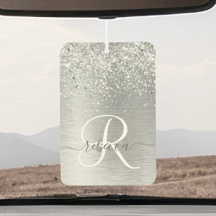 Silver Brushed Metal Glitter Monogram Name Car Air Freshener