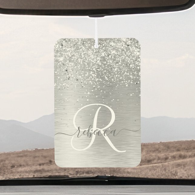 Silver Brushed Metal Glitter Monogram Name Car Air Freshener (Creator Uploaded)