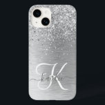 Silver Brushed Metal Glitter Monogram Name Case-Mate iPhone 14 Case<br><div class="desc">Easily personalise this trendy chic phone case design featuring pretty silver sparkling glitter on a silver brushed metallic background.</div>