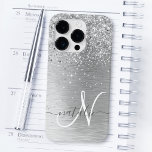 Silver Brushed Metal Glitter Monogram Name Case-Mate iPhone 14 Pro Case<br><div class="desc">Easily personalise this trendy chic phone case design featuring pretty silver sparkling glitter on a silver brushed metallic background.</div>