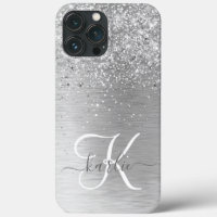 Silver Brushed Metal Glitter Monogram Name