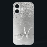 Silver Brushed Metal Glitter Monogram Name iPhone 16 Case<br><div class="desc">Easily personalise this trendy chic phone case design featuring pretty silver sparkling glitter on a silver brushed metallic background.</div>