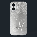 Silver Brushed Metal Glitter Monogram Name iPhone 16 Case<br><div class="desc">Easily personalise this trendy chic phone case design featuring pretty silver sparkling glitter on a silver brushed metallic background.</div>