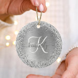 Silver Brushed Metal Glitter Monogram Name Ceramic Ornament<br><div class="desc">Easily personalise this trendy chic ornament design featuring pretty silver sparkling glitter on a silver brushed metallic background.</div>