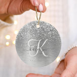 Silver Brushed Metal Glitter Monogram Name Ceramic Ornament<br><div class="desc">Easily personalise this trendy ornament featuring pretty silver sparkling glitter on a silver brushed metallic background.</div>