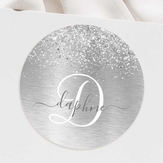 Silver Brushed Metal Glitter Monogram Name Classic Round Sticker (Creator Uploaded)