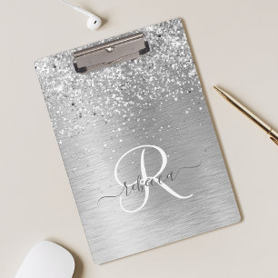 Silver Brushed Metal Glitter Monogram Name Clipboard