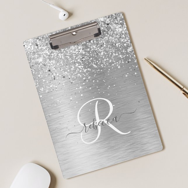 Silver Brushed Metal Glitter Monogram Name Clipboard (Creator Uploaded)