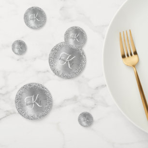Silver Brushed Metal Glitter Monogram Name Confetti