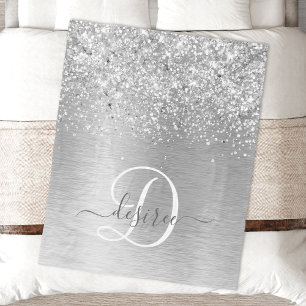 Silver Brushed Metal Glitter Monogram Name Fleece Blanket