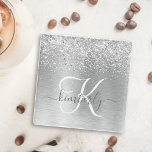 Silver Brushed Metal Glitter Monogram Name Glass Coaster<br><div class="desc">Easily personalise this trendy chic glass coaster design featuring pretty silver sparkling glitter on a silver brushed metallic background.</div>