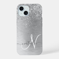 Silver Brushed Metal Glitter Monogram Name
