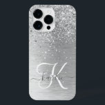 Silver Brushed Metal Glitter Monogram Name iPhone 14 Pro Max Case<br><div class="desc">Easily personalise this trendy chic phone case design featuring pretty silver sparkling glitter on a silver brushed metallic background.</div>