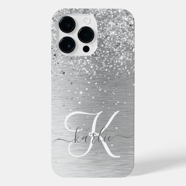 Silver Brushed Metal Glitter Monogram Name iPhone Case (Back)