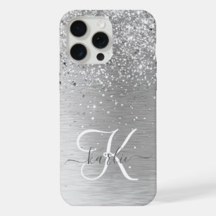 Silver Brushed Metal Glitter Monogram Name iPhone 15 Pro Max Case