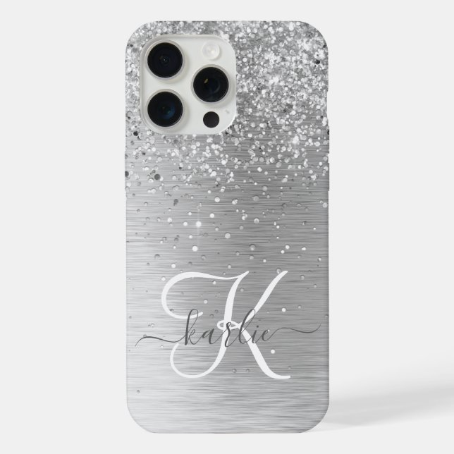 Silver Brushed Metal Glitter Monogram Name iPhone Case (Back)