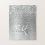 Silver Brushed Metal Glitter Monogram Name Jigsaw Puzzle<br><div class="desc">Easily personalise this trendy puzzle design featuring pretty silver sparkling glitter on a silver brushed metallic background.</div>