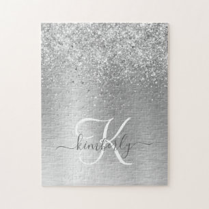 Silver Brushed Metal Glitter Monogram Name Jigsaw Puzzle