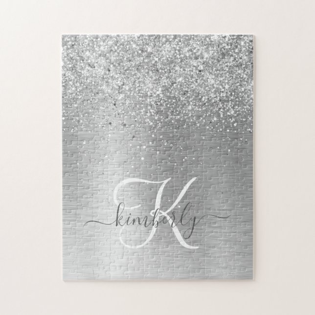 Silver Brushed Metal Glitter Monogram Name Jigsaw Puzzle (Vertical)