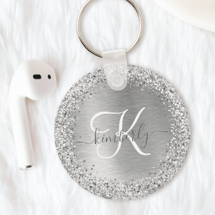 Silver Brushed Metal Glitter Monogram Name Key Ring