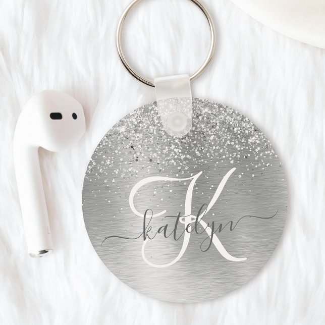 Silver Brushed Metal Glitter Monogram Name Key Ring (Creator Uploaded)