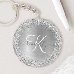 Silver Brushed Metal Glitter Monogram Name Key Ring<br><div class="desc">Easily personalise this trendy chic keychain design featuring pretty silver sparkling glitter on a silver brushed metallic background.</div>
