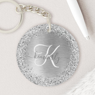 Silver Brushed Metal Glitter Monogram Name Key Ring
