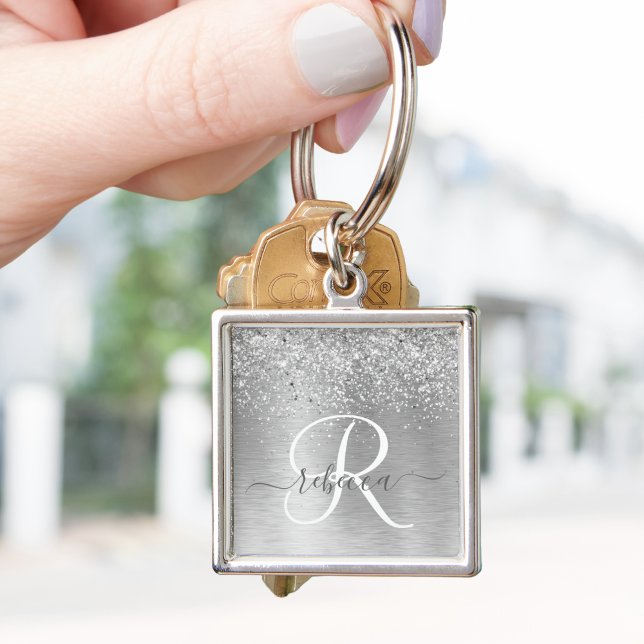 Silver Brushed Metal Glitter Monogram Name Key Ring (Creator Uploaded)