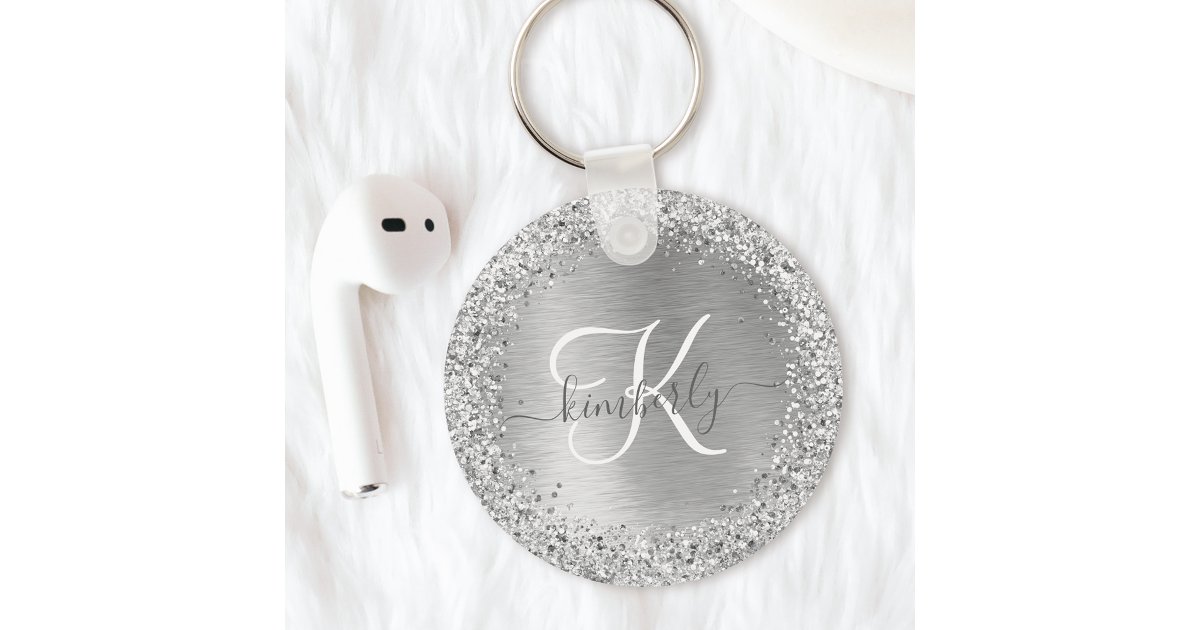 Silver Brushed Metal Glitter Monogram Name Key Ring | Zazzle