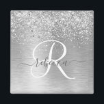 Silver Brushed Metal Glitter Monogram Name Magnet<br><div class="desc">Easily personalise this trendy chic magnet design featuring pretty silver sparkling glitter on a silver brushed metallic background.</div>