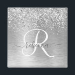 Silver Brushed Metal Glitter Monogram Name Magnet<br><div class="desc">Easily personalise this trendy chic magnet design featuring pretty silver sparkling glitter on a silver brushed metallic background.</div>