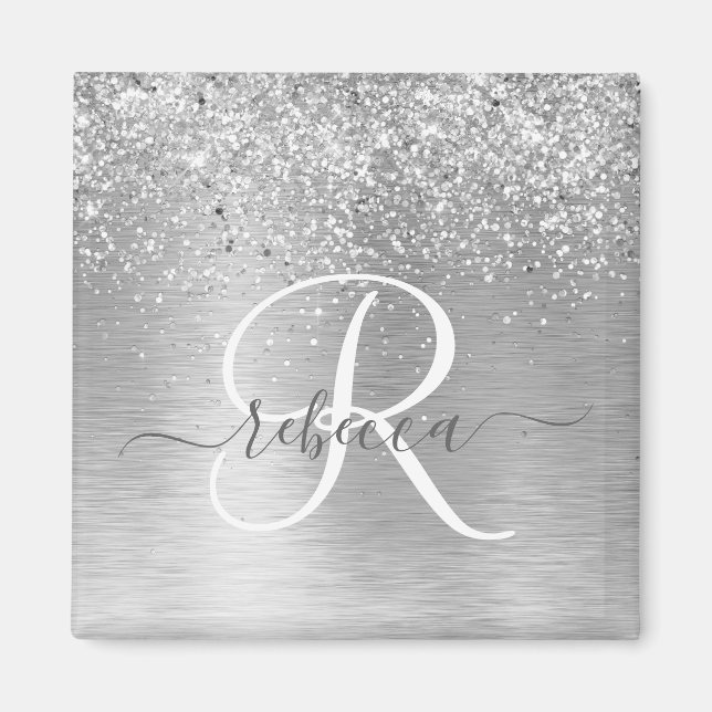 Silver Brushed Metal Glitter Monogram Name Magnet (Front)