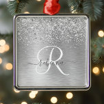 Silver Brushed Metal Glitter Monogram Name Metal Ornament<br><div class="desc">Easily personalise this trendy ornament featuring pretty silver sparkling glitter on a silver brushed metallic background.</div>