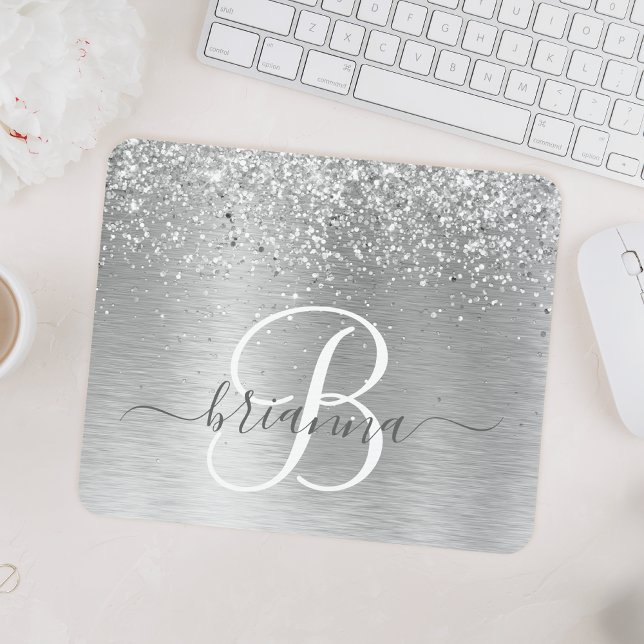 Silver Brushed Metal Glitter Monogram Name Mouse Pad (Creator Uploaded)