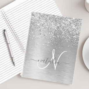 Silver Brushed Metal Glitter Monogram Name Notebook
