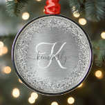Silver Brushed Metal Glitter Monogram Name Ornament<br><div class="desc">Easily personalize this trendy snowflake framed Christmas ornament design featuring pretty silver sparkling glitter on a silver brushed metallic background.</div>