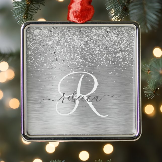 Silver Brushed Metal Glitter Monogram Name Ornament (Creator Uploaded)