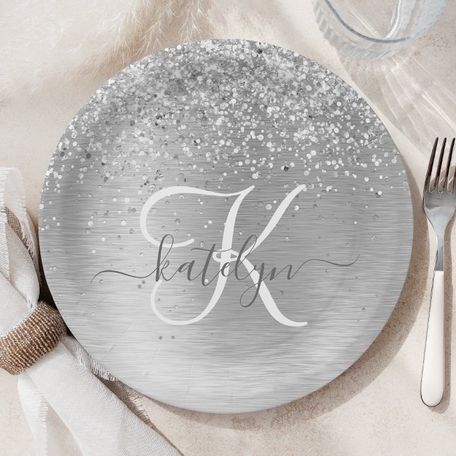 Silver Brushed Metal Glitter Monogram Name Paper Plate (Creator Uploaded)