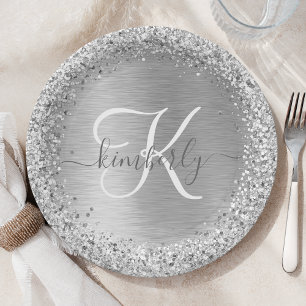 Silver Brushed Metal Glitter Monogram Name Paper Plate