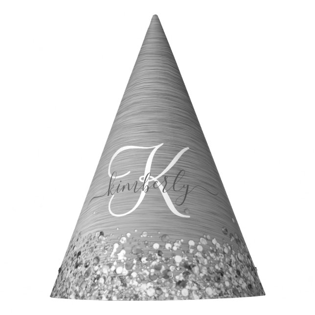 Silver Brushed Metal Glitter Monogram Name Party Hat (Front)