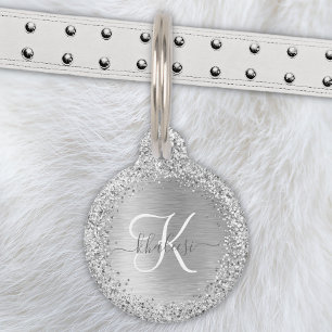 Silver Brushed Metal Glitter Monogram Name Pet Tag