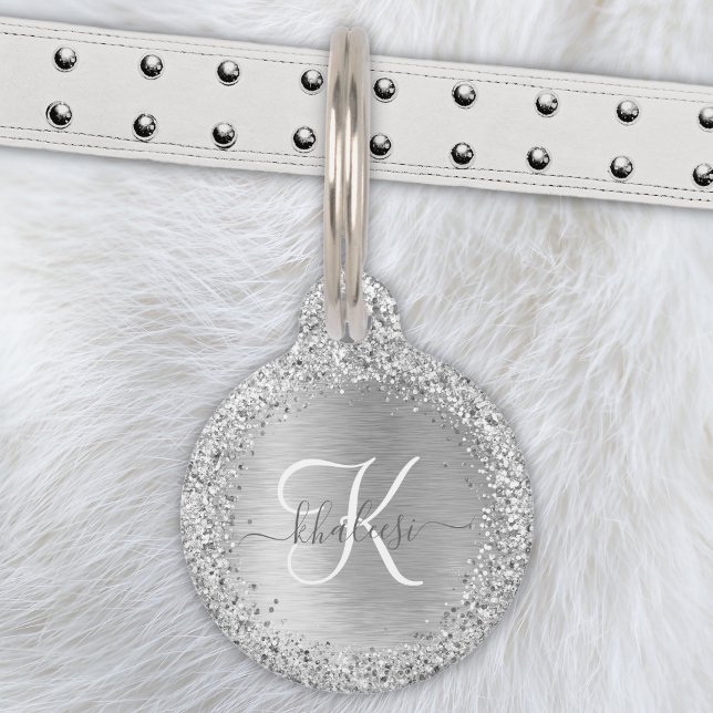Silver Brushed Metal Glitter Monogram Name Pet Tag (Creator Uploaded)