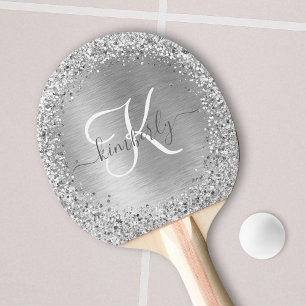 Silver Brushed Metal Glitter Monogram Name Ping Pong Paddle