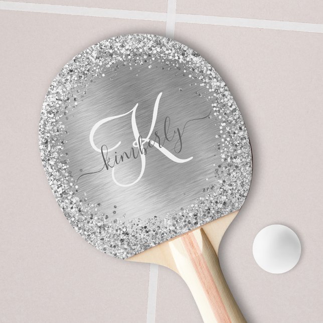 Silver Brushed Metal Glitter Monogram Name Ping Pong Paddle (Creator Uploaded)