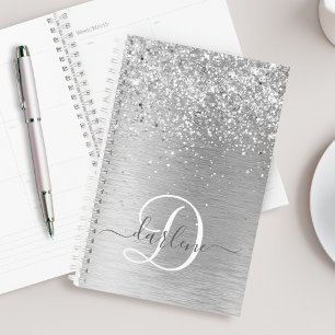 Silver Brushed Metal Glitter Monogram Name Planner