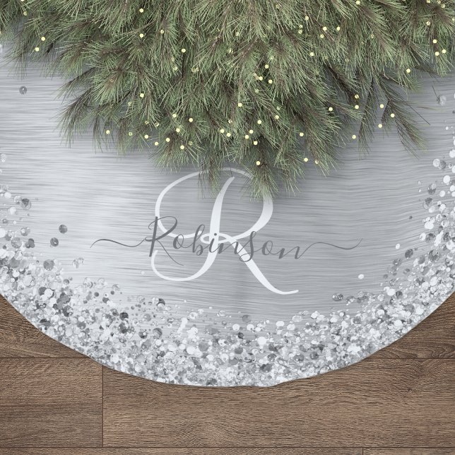 Silver Brushed Metal Glitter Monogram Name Polyester Tree Skirt (Creator Uploaded)