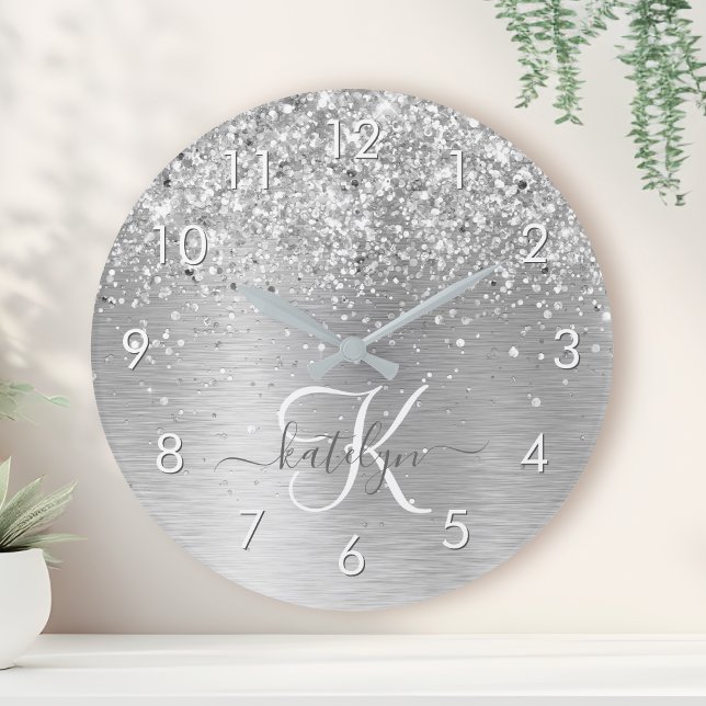 Silver Brushed Metal Glitter Monogram Name Round Clock (Creator Uploaded)